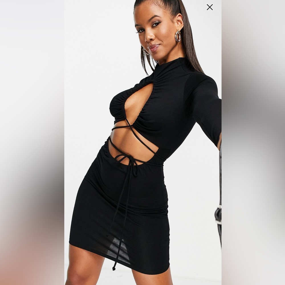 ASOS Design Cut out Wrap Around Long Sleeve Mini Dress Black Size 8
